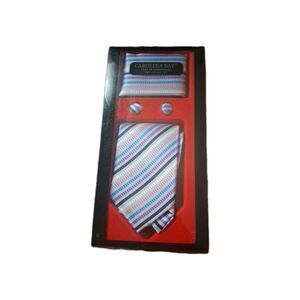 Carolina Bay Men's Tie Handkerchief Cufflink Set - Black Striped - New In Box